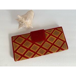 Red, Orange, Tan Diamond Pattern Suede Clutch Snap Closure Handbag.